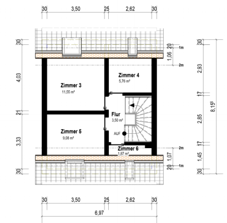 Grundriss (DG) eines Hauses mit vier Zimmern und einem Flur.