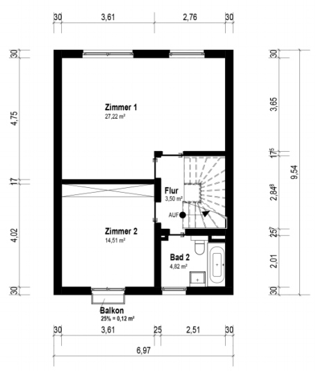 Grundriss (OG) eines Hauses mit zwei Zimmern, Bad und Flur.